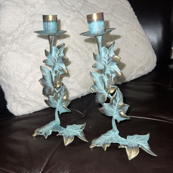 2 Candle Holders Verdigris Green Ivy Leaves 8.5" Brass Tone Fall Party Lite - Picture 1 of 9